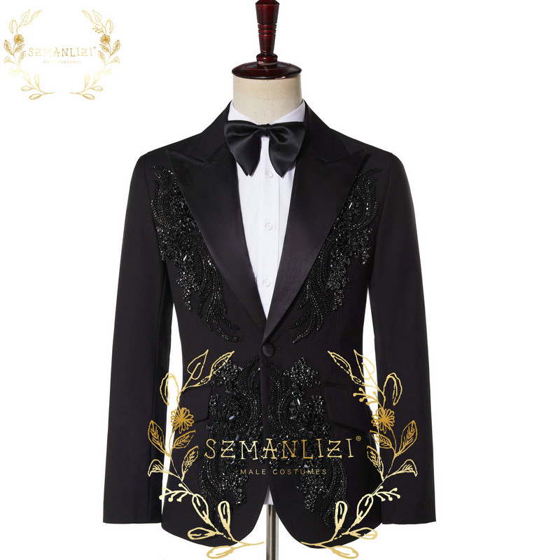 SZMANLIZI 2022 luxus gyöngyfűző fekete férfi öltöny vőlegény viselet Terno Masculino 2 részes szett karcsú szmoking esküvői blézerhez