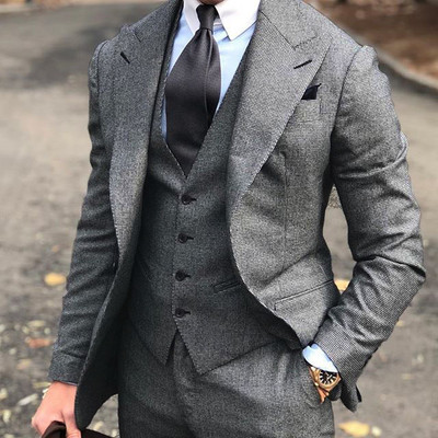 Őszi Light Wine Red Tweed blézer szettek férfiaknak Formális férfi öltönyök 3 részes vőlegény esküvői öltöny készletek férfiaknak, mellény + nadrág