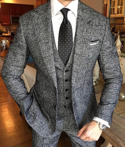 Őszi Light Wine Red Tweed blézer szettek férfiaknak Formális férfi öltönyök 3 részes vőlegény esküvői öltöny készletek férfiaknak, mellény + nadrág