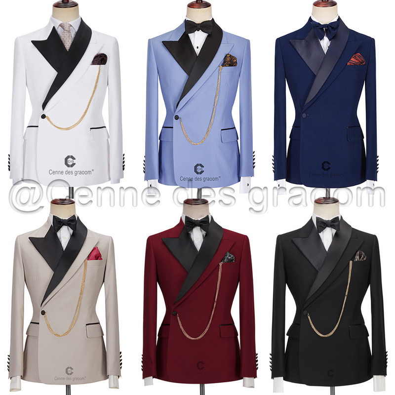 Cenne Des Graoom legújabb kabáttervezés férfi öltönyök szabott szmoking 2 részes blézer esküvői parti énekes vőlegény jelmez Homme fekete