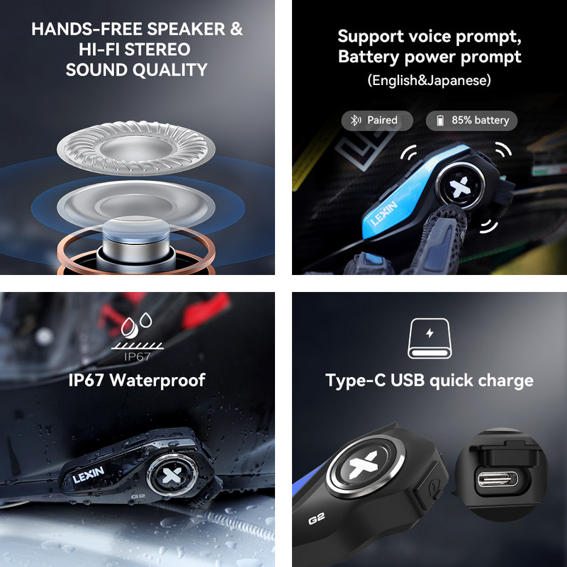 2022-es új Lexin G2 motoros kaputelefon sisak Bluetooth fejhallgatók, kihangosító kommunikátor akár 6 lovas interfonnal FM rádióval