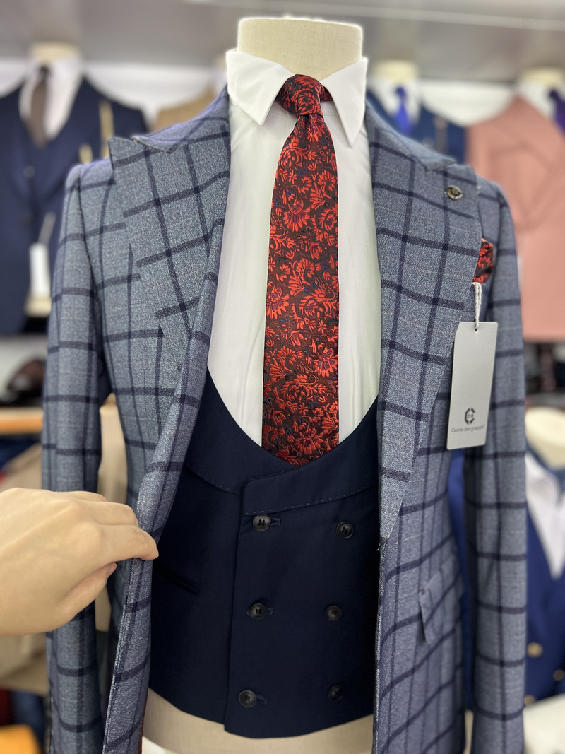 Cenne Des Graoom 2022 Klasszikus kék ablaktábla, kockás kockás 3 részes vintage férfi öltöny, szabott kabát, mellény nadrág, esküvő