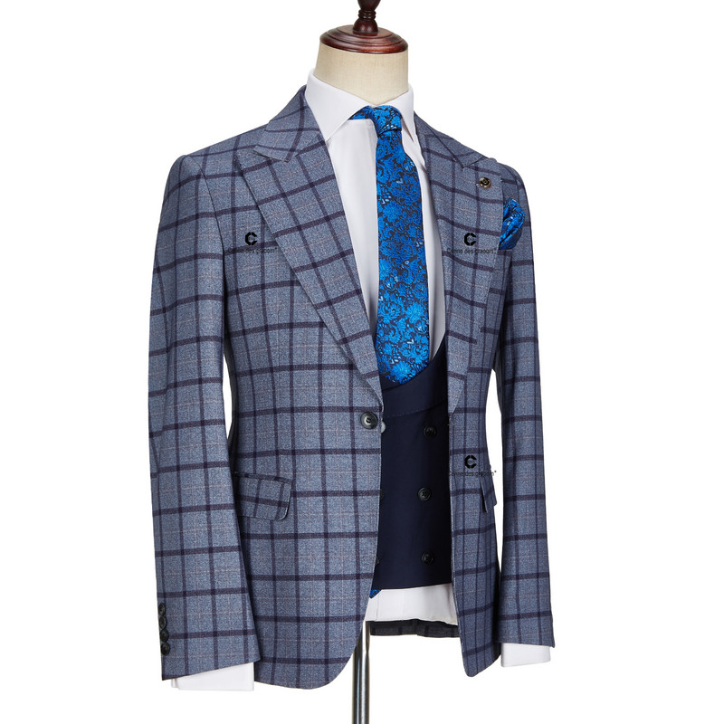 Cenne Des Graoom 2022 Klasszikus kék ablaktábla, kockás kockás 3 részes vintage férfi öltöny, szabott kabát, mellény nadrág, esküvő