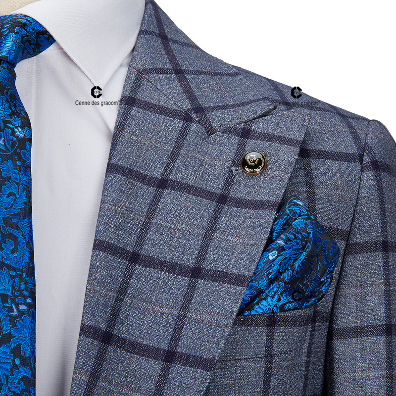 Cenne Des Graoom 2022 Klasszikus kék ablaktábla, kockás kockás 3 részes vintage férfi öltöny, szabott kabát, mellény nadrág, esküvő
