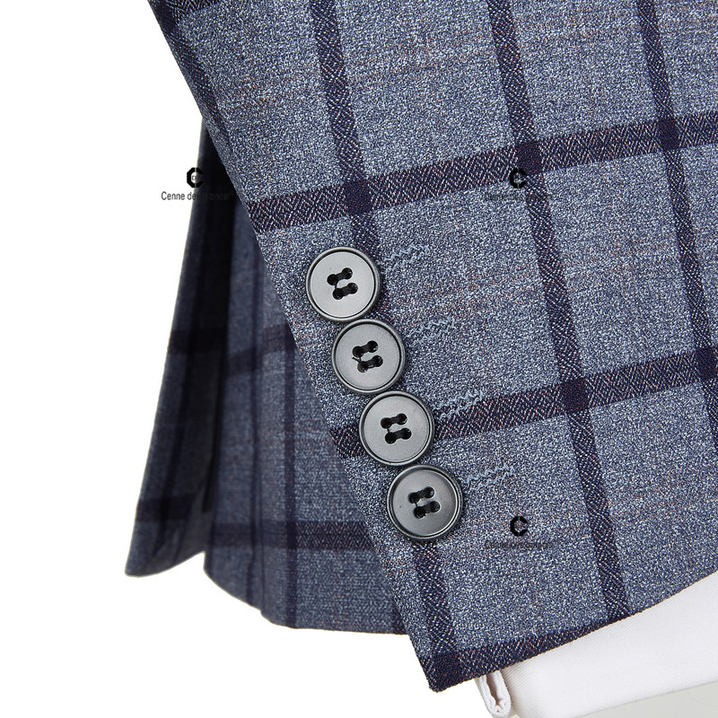 Cenne Des Graoom 2022 Klasszikus kék ablaktábla, kockás kockás 3 részes vintage férfi öltöny, szabott kabát, mellény nadrág, esküvő