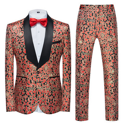 Brit stílusú öltöny 2 részes klasszikus fekete/piros/királykék divatpalota esküvői bankett vőlegény férfi jacquard blézerek és nadrágok