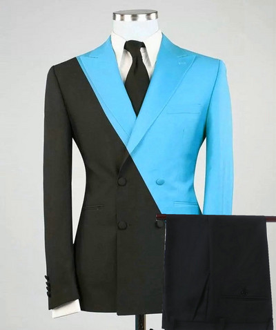 2022-es divatos, kétsoros, karcsú szabású fekete királykék férfi öltöny, 2 részes, szabott férfi öltöny a vőlegénynek esküvői szmoking