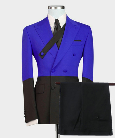 2022-es divatos, kétsoros, karcsú szabású fekete királykék férfi öltöny, 2 részes, szabott férfi öltöny a vőlegénynek esküvői szmoking