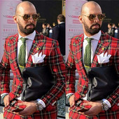 Divatos olasz vörös kockás férfi öltöny vőfélynek, hajtóka vőlegény szmoking, 2 részes esküvői/bál/vacsora legjobb férfi blézer