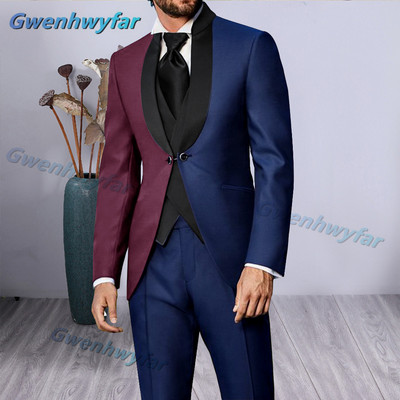 Gwenhwyfar luxus vegyes piros, fekete vacsoraparti férfi öltönyök fekete hajtóka, kétirányú gombos blézer készletek esküvői vőlegény szmokingok