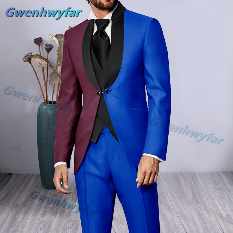 Gwenhwyfar luxus vegyes piros, fekete vacsoraparti férfi öltönyök fekete hajtóka, kétirányú gombos blézer készletek esküvői vőlegény szmokingok
