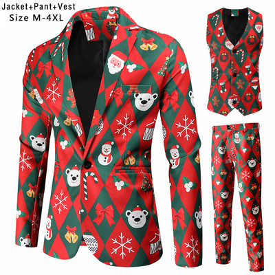 Férfi szemüveg Mikulás karácsonyi öltöny divat három peices újévi ruha jelmez Homme blézer + mellény + nadrág öltöny ruha