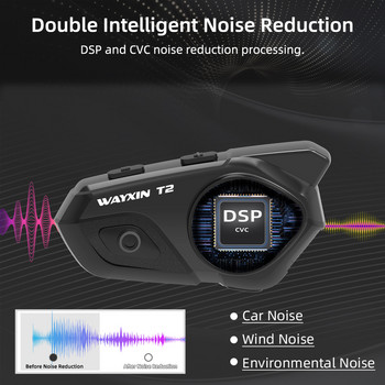 WAYXIN T2 Мотоциклетна каска Bluetooth слушалка за 2 души Говореща каска Интерком комуникатор IP67 Водоустойчива безжична BT5.0