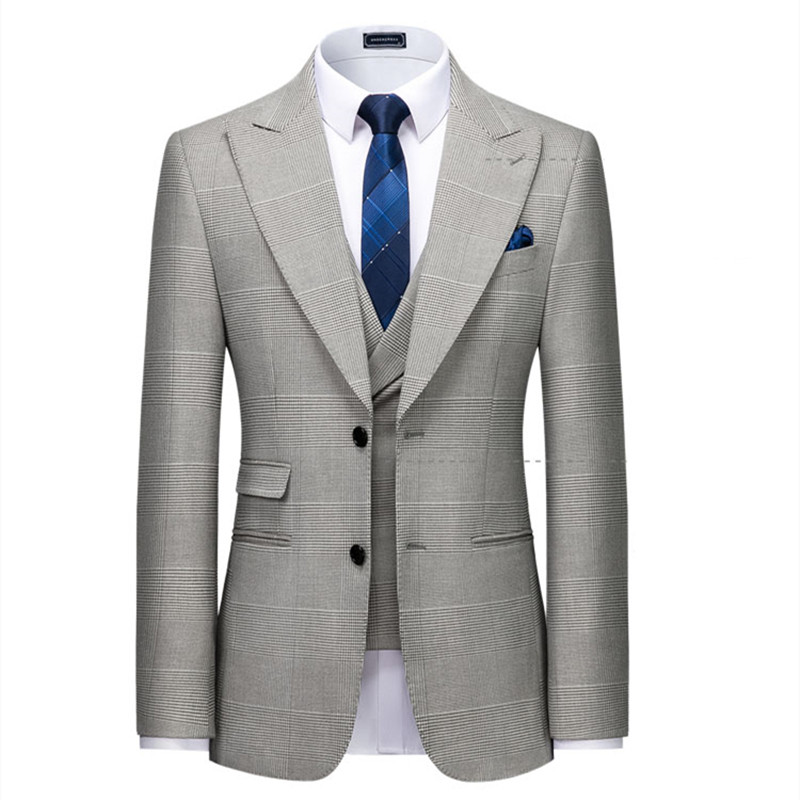 Plyesxale szürke kockás öltönyök férfiaknak, kiváló minőségű háromrészes férfi esküvői öltönyök báli parti ruha vacsora karácsonyi öltöny férfi Q1117