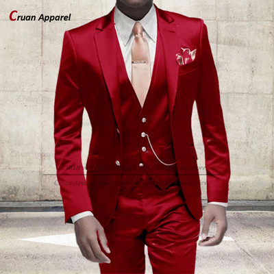 Divat elefántcsont fehér öltönyök férfiaknak Slim Fit báli buli esküvői vőlegény fényes szatén öltöny ruha szmoking blézer mellény nadrág szett 3 részes