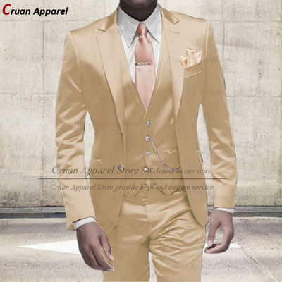 Divat elefántcsont fehér öltönyök férfiaknak Slim Fit báli buli esküvői vőlegény fényes szatén öltöny ruha szmoking blézer mellény nadrág szett 3 részes