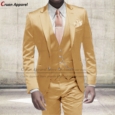 Divat elefántcsont fehér öltönyök férfiaknak Slim Fit báli buli esküvői vőlegény fényes szatén öltöny ruha szmoking blézer mellény nadrág szett 3 részes