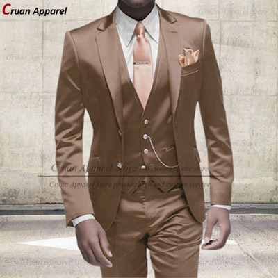 Divat elefántcsont fehér öltönyök férfiaknak Slim Fit báli buli esküvői vőlegény fényes szatén öltöny ruha szmoking blézer mellény nadrág szett 3 részes