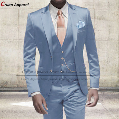 Divat elefántcsont fehér öltönyök férfiaknak Slim Fit báli buli esküvői vőlegény fényes szatén öltöny ruha szmoking blézer mellény nadrág szett 3 részes