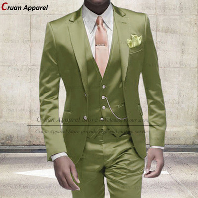 Divat elefántcsont fehér öltönyök férfiaknak Slim Fit báli buli esküvői vőlegény fényes szatén öltöny ruha szmoking blézer mellény nadrág szett 3 részes