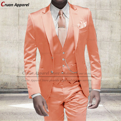 Divat elefántcsont fehér öltönyök férfiaknak Slim Fit báli buli esküvői vőlegény fényes szatén öltöny ruha szmoking blézer mellény nadrág szett 3 részes