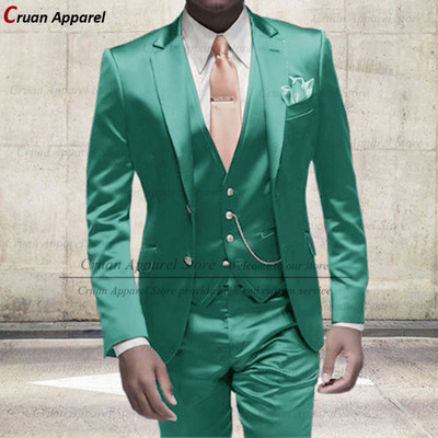 Divat elefántcsont fehér öltönyök férfiaknak Slim Fit báli buli esküvői vőlegény fényes szatén öltöny ruha szmoking blézer mellény nadrág szett 3 részes