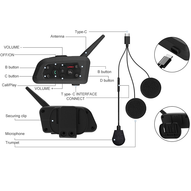 Bluetooth motoros sisak fejhallgató V6 Plus Bluetooth 1500M Full Duplex interfon kommunikátor 6 lovas GPS vízálló V6