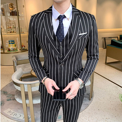 Őszi új férfi karcsú brit esküvői ruha függőleges csíkos ruha blézer / férfi háromrészes öltöny kabát mellény nadrág nadrág mellény