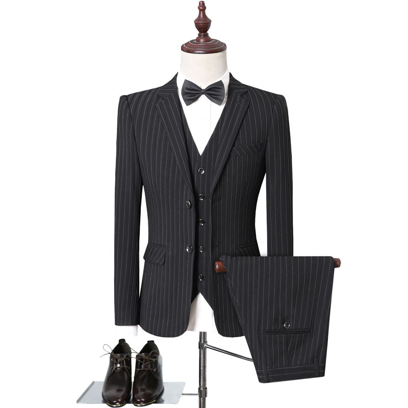 Őszi új férfi karcsú brit esküvői ruha függőleges csíkos ruha blézer / férfi háromrészes öltöny kabát mellény nadrág nadrág mellény