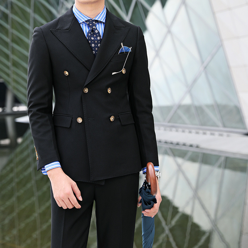 Brit, kétsoros, hivatalos ruha öltöny férfi fekete dohányzó Homme Mariage öltöny Divat vőlegény öltöny karcsú szabású üzleti szmoking