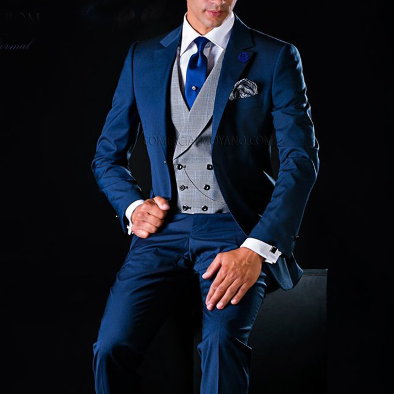 3 részes vőlegény szmoking esküvőre sötétkék karcsú férfi öltöny hornyolt hajtókával Férfi divatkabát szürke mellény nadrággal