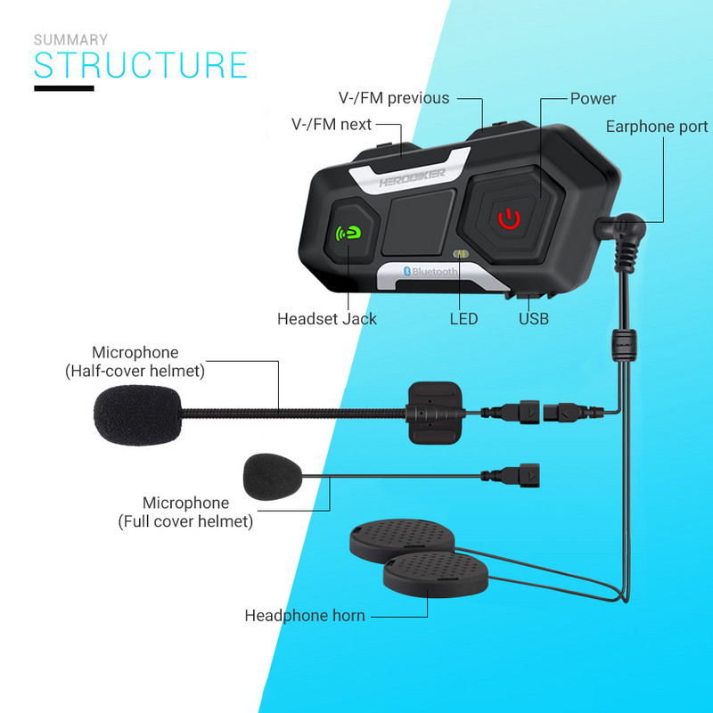 HEROBIKER 2 készletek 1200M BT motoros sisak Intercom vízálló vezeték nélküli Bluetooth Moto headset interfon FM rádió 3 útra