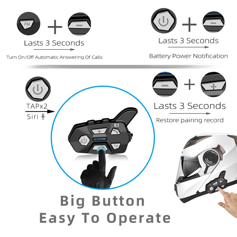 WAYXIN sisak fejhallgatók támogatása 1200M 2 személyes kaputelefon 1 db R5 motoros fejhallgató FM vezeték nélküli intercomunicador interfon