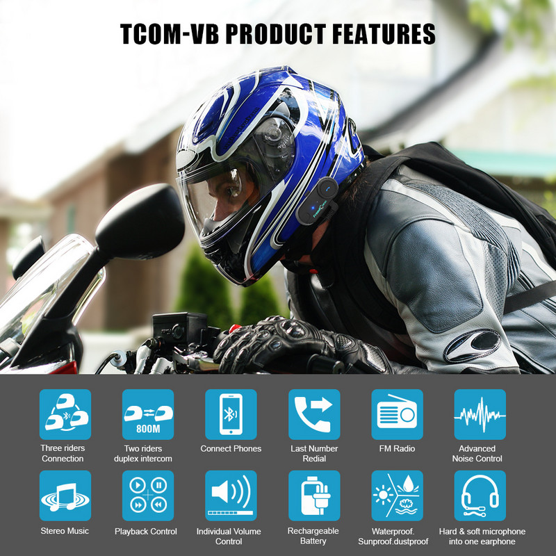 Freedconn Eredeti TCOM VB Motoros sisak 2 Rider 800M Bluetooth Sisak kommunikátor Headset FM motoros kaputelefon Waterpoof