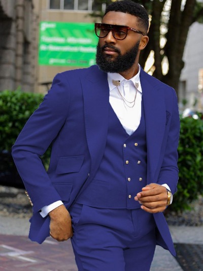 Slim Fit férfi öltönyök duplasoros szellőzőnyílású hajtókás afrikai esküvői szmoking vőlegénynek, 3 részes férfi divat dzseki nadrág