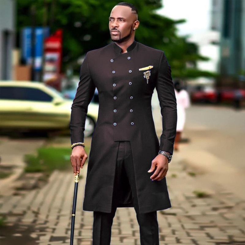 Kétsoros férfi esküvői öltöny szett, karcsú, vacsorabálihoz, állógallérral, vőlegény szmoking, egyedi fekete frakk, legjobb blézer