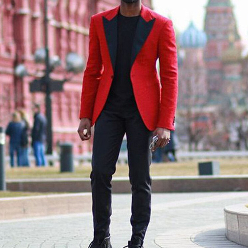 2 részes alkalmi férfi öltönyök bálba, karcsú, piros blézer fekete nadrággal, új esküvői vőfélyek szmoking férfi divatos afrikai jelmez