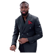 Üzleti fekete csíkos férfi öltöny, kétsoros, 2 részes, vékony szabású esküvői szmoking a vőlegény bálba csúcsos hajtókás divatjelmezével