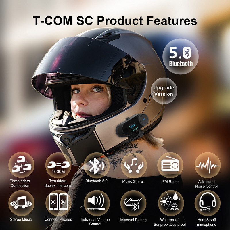 Freedconn 2022 Új T Com Sc Bluetooth Motorkerékpár sisak Intercom Headset 1000M Moto Interphone FM mikrofon Hangszóró Music Bike