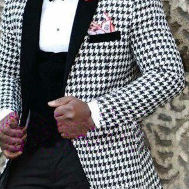 Houndstooth esküvői szmoking vőlegénynek, karcsú szabású fekete férfi öltönyök kendő hajtóka Somking blézer afrikai férfi divatjelmez 2021