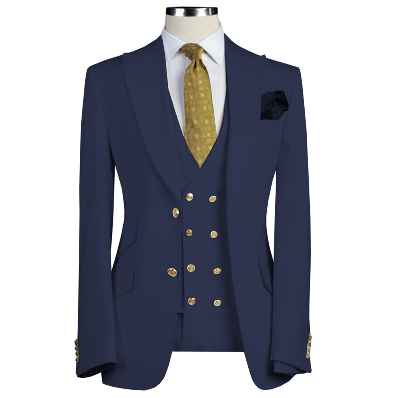 3 részes karcsú szabású üzleti öltöny férfiaknak, csúcsos hajtókával, vőlegény szmoking, divatos dzseki nadrággal, dupla mellű szellőző esküvői jelmez