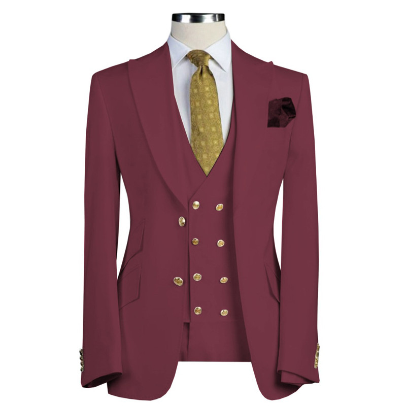 3 részes karcsú szabású üzleti öltöny férfiaknak, csúcsos hajtókával, vőlegény szmoking, divatos dzseki nadrággal, dupla mellű szellőző esküvői jelmez