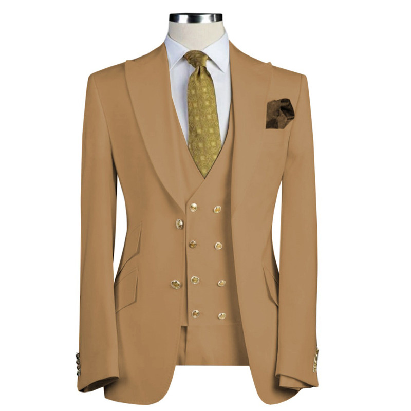 3 részes karcsú szabású üzleti öltöny férfiaknak, csúcsos hajtókával, vőlegény szmoking, divatos dzseki nadrággal, dupla mellű szellőző esküvői jelmez