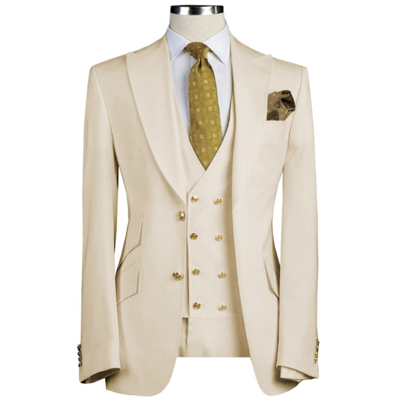 3 részes karcsú szabású üzleti öltöny férfiaknak, csúcsos hajtókával, vőlegény szmoking, divatos dzseki nadrággal, dupla mellű szellőző esküvői jelmez