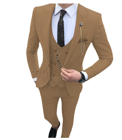 3 részes férfi öltöny, karcsú szabású üzleti vőlegény szmoking esküvőre, csúcsos hajtóka, egyedi férfi divatos kabát mellény nadrággal 2021
