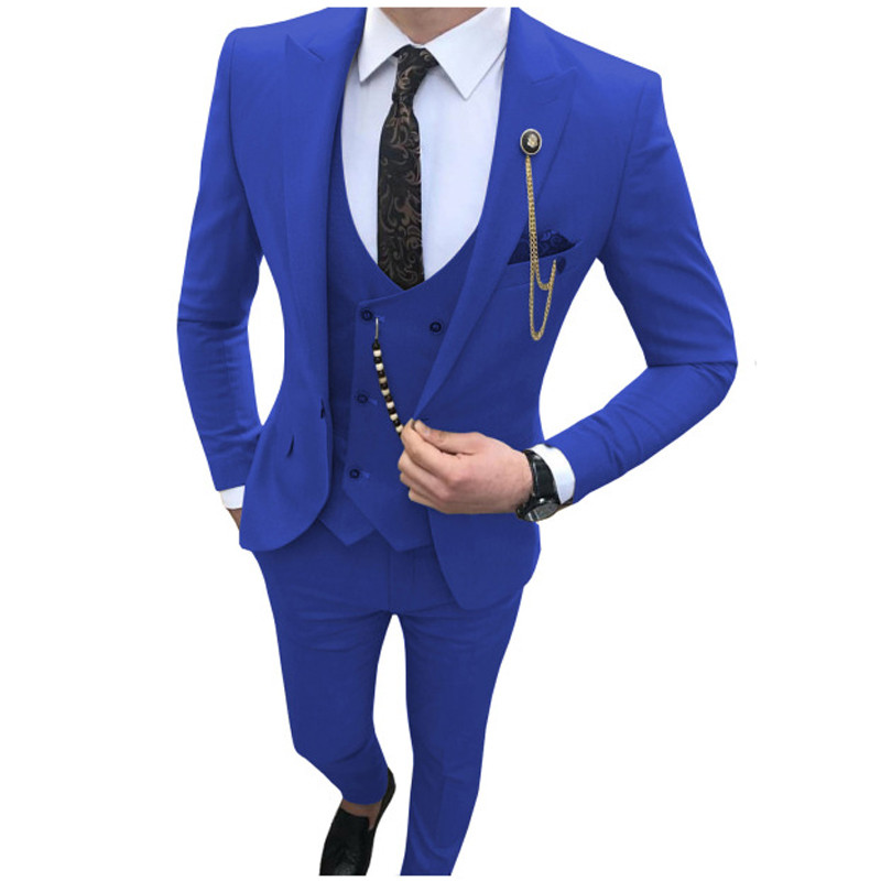 3 részes férfi öltöny, karcsú szabású üzleti vőlegény szmoking esküvőre, csúcsos hajtóka, egyedi férfi divatos kabát mellény nadrággal 2021