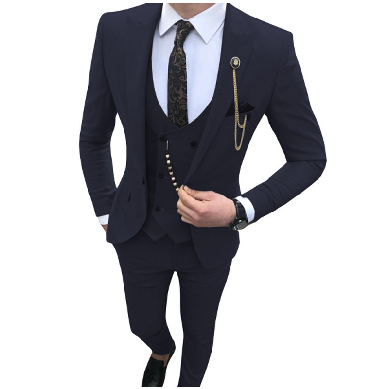 3 részes férfi öltöny, karcsú szabású üzleti vőlegény szmoking esküvőre, csúcsos hajtóka, egyedi férfi divatos kabát mellény nadrággal 2021