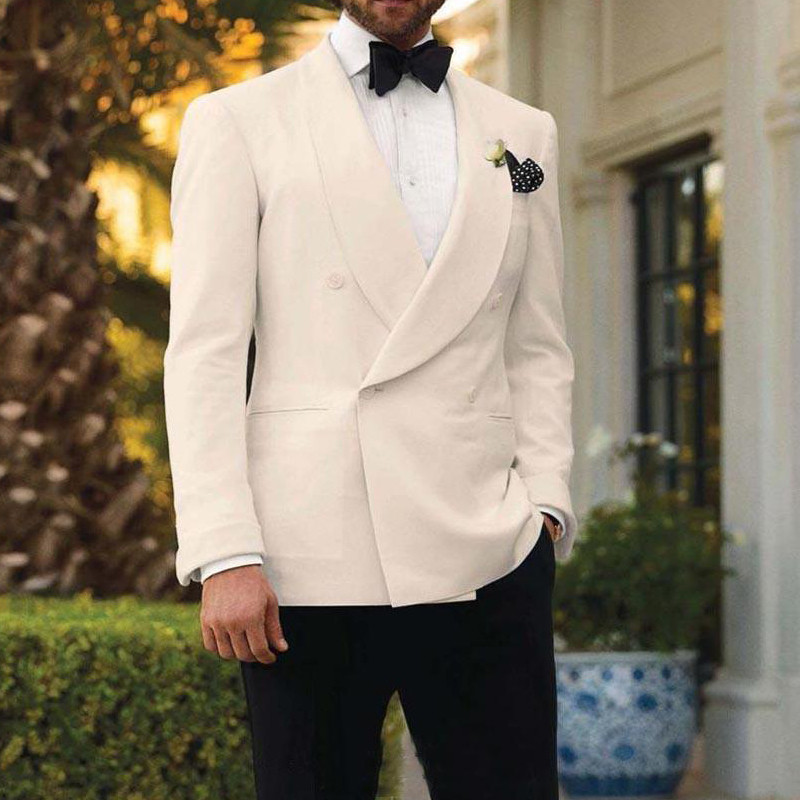 Kétsoros, fehér vőlegény férfi öltöny esküvőre, szmoking, olasz stílusú férfi jelmez szett kabát fekete nadrággal