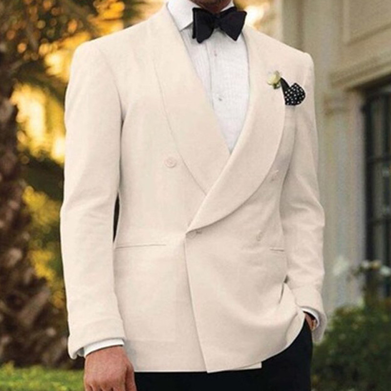 Kétsoros, fehér vőlegény férfi öltöny esküvőre, szmoking, olasz stílusú férfi jelmez szett kabát fekete nadrággal