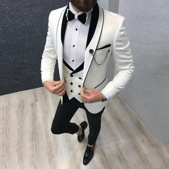 Бели и черни смокинг Grom за сватба Slim Fit Бели и черни официални мъжки костюми с двуредно жилетка Модни панталони